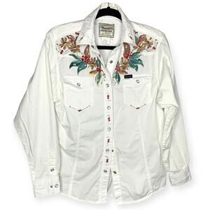 Vintage Wrangler 100% cotton white long sleeve shirt painted flowers sz L